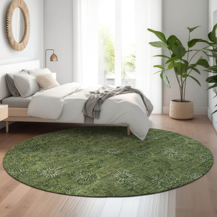 8' Floral Washable Round Rug With UV Protection - Olive Green And Ivory