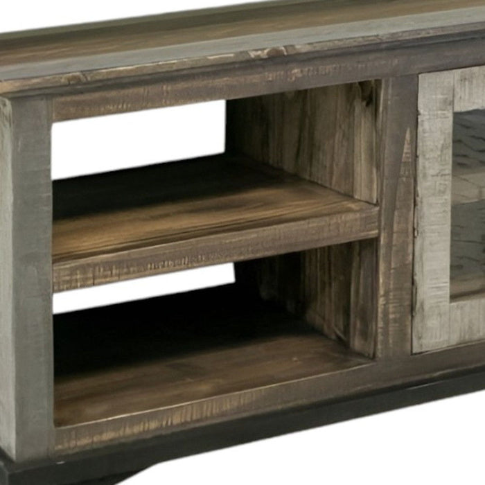Distressed brown wooden enclosed TV stand from HomeRoots with cabinet storage, perfect for modern living rooms.