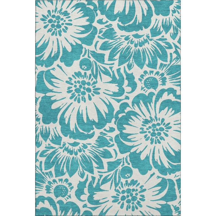 10' X 14' Floral Washable Area Rug With UV Protection (648712) - Teal / Ivory