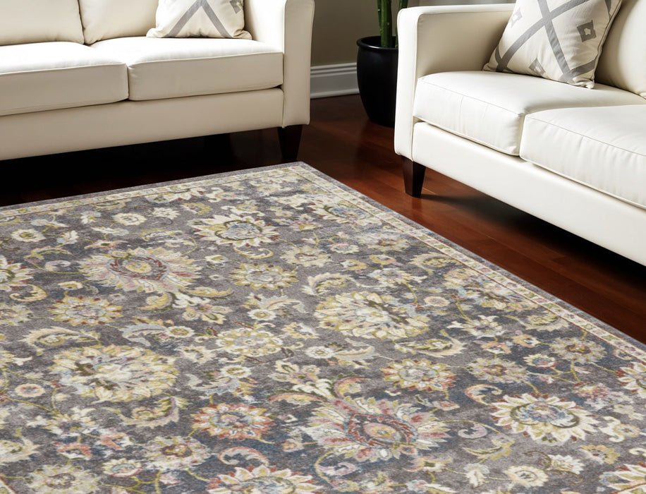 8' X 10' Transitional Floral Distressed Area Rug - Charcoal