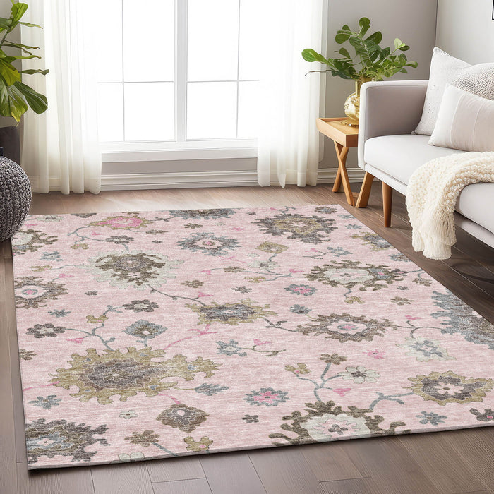 10' X 14' Floral Medallion Washable Area Rug With UV Protection - Pink