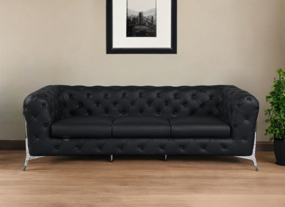 Italian Leather Sofa Silver Legs - Black