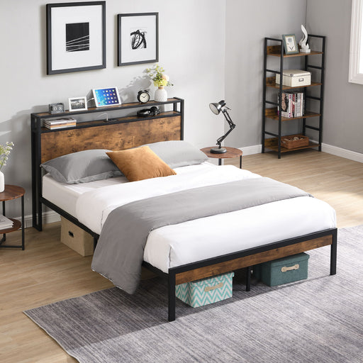 Giga platform bed frame with wooden headboard and footboard, featuring a built-in USB liner for convenience.