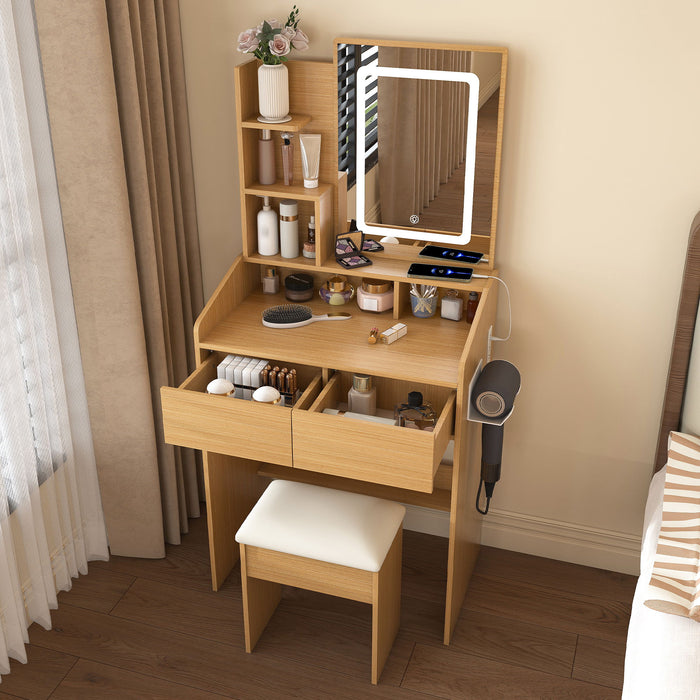 Giga vanity set with LED mirror, power outlet, hairdryer holder, padded stool, compact wood dressing desk for small bedrooms