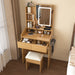 Giga vanity set with LED mirror, power outlet, hairdryer holder, padded stool, compact wood dressing desk for small bedrooms