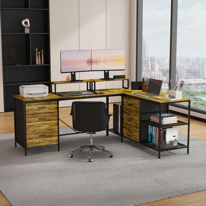 Brown Giga industrial L-shaped corner desk with power hub, six drawers, and adjustable monitor stands for a modern workspace.