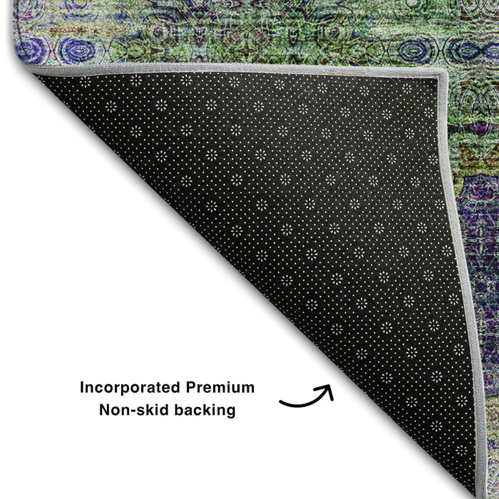 9' X 12' Floral Medallion Distressed Washable Area Rug With UV Protection (648945) - Purple / Green / Ivory