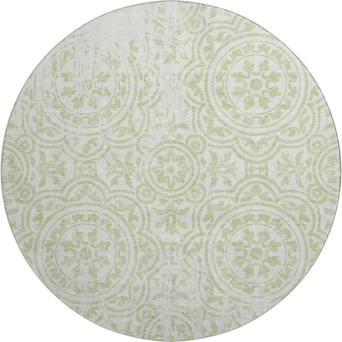 8' Medallion Washable Round Rug With UV Protection - Artichoke Green / Ivory