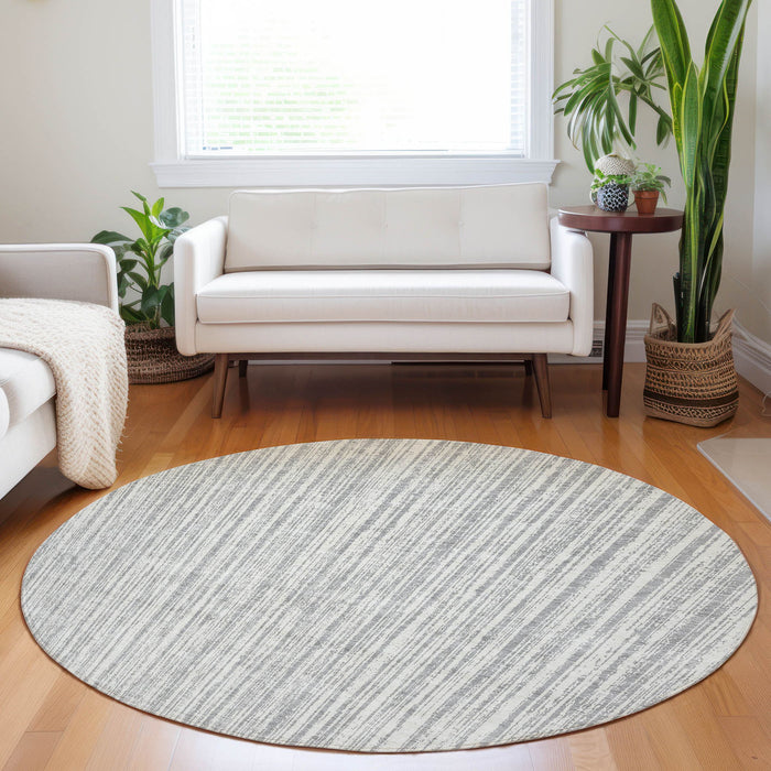8' Striped Washable Round Rug With UV Protection - Gray And Silver