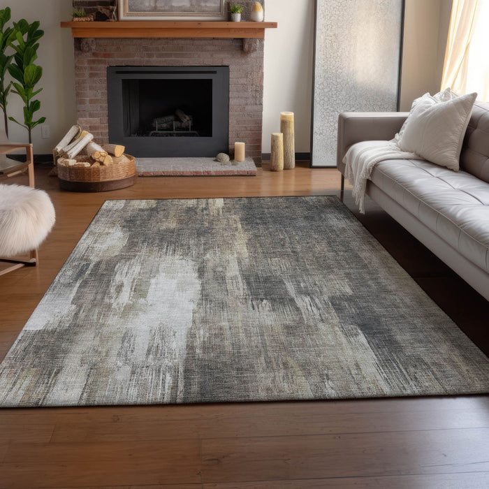 9' X 12' Abstract Washable Area Rug Polyester With UV Protection - Taupe / Ivory