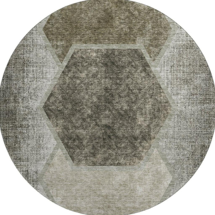 8' Geometric Washable Round Rug With UV Protection (655899) - Taupe / Brown