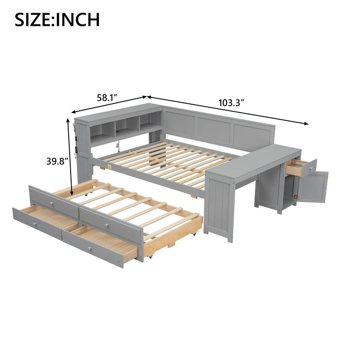 Giga daybed with storage shelves, drawers, trundle, charging station, LED light, desk, and cabinet in a modern bedroom setup