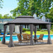 Gray Giga outdoor patio gazebo canopy tent with ventilated double roof, side walls, and detachable curtains for lawn or garden use