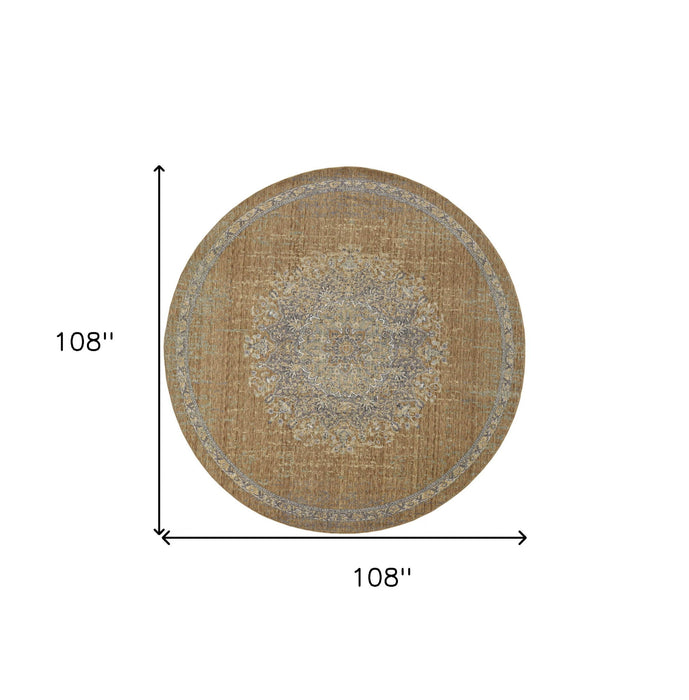 9' Machine Woven Floral Medallion Round Indoor Area Rug - Coffee Brown