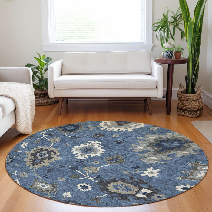 8' Traditional Floral Medallion Washable Round Rug With UV Protection - Blue