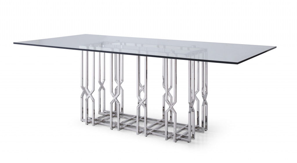 87" Glass And Stainless Steel Pedestal Base Dining Table - Clear