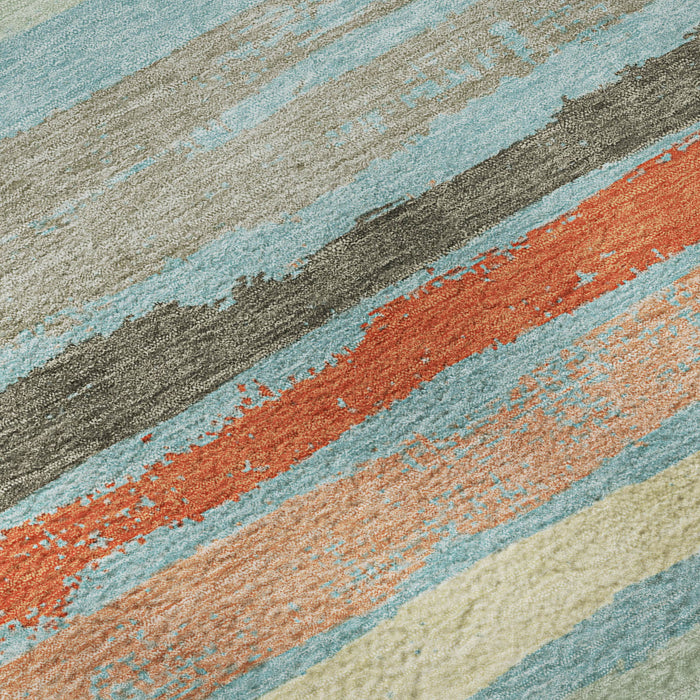 10' X 14' Striped Washable Area Rug With UV Protection (680055) - Sky Blue / Orange / Ivory