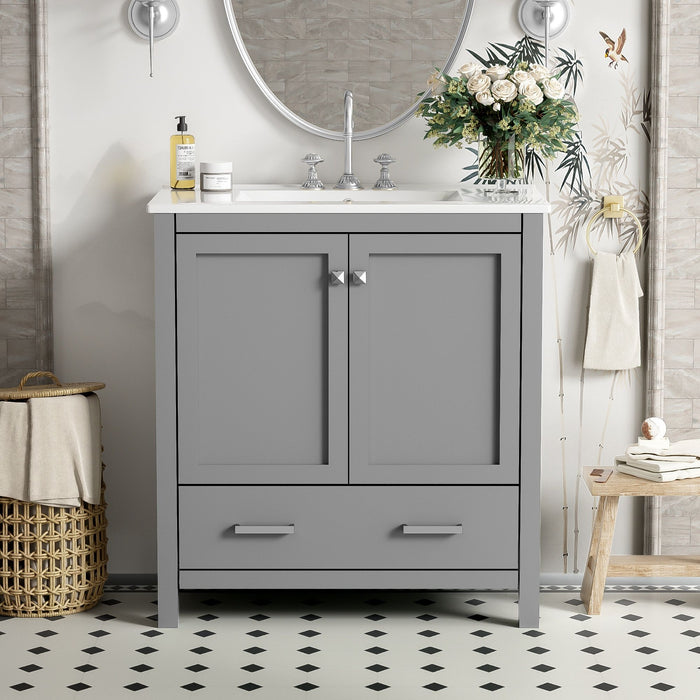 Giga bathroom vanity with single undermount sink, solid wood frame, two doors, drawer, soft-close hinges, and multifunctional storage