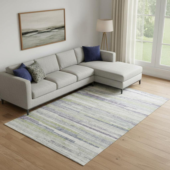 10' X 14' Striped Washable Area Rug With UV Protection (710592) - Artichoke Green / Ivory / Plum