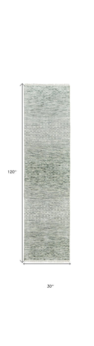 10' Wool Hand Knotted Runner Rug With Fringe - Ivory And Green