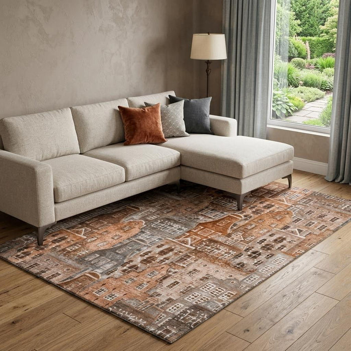 8' X 10' Abstract Geometric Washable Area Rug With UV Protection (650882) - Chili Red / Gray / Ivory