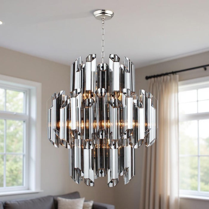 Unique Statement Nine Light Metal Beveled Glass Chandelier With Shades - Silver