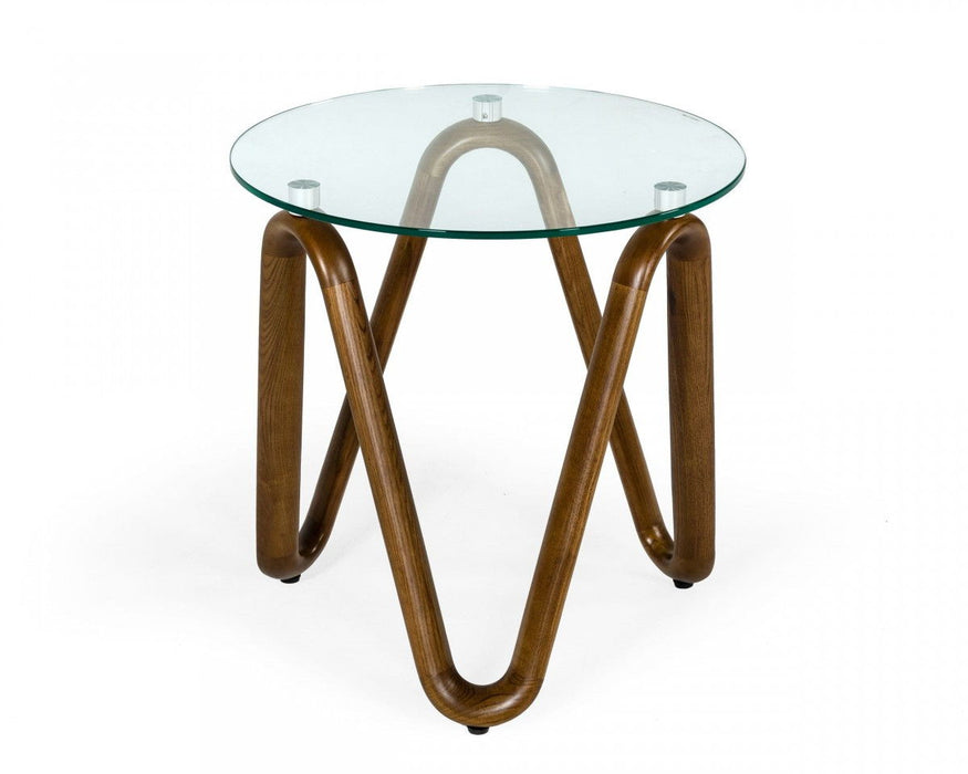 Glass Solid Wood Ribbon Base Round End Table - Walnut And Clear