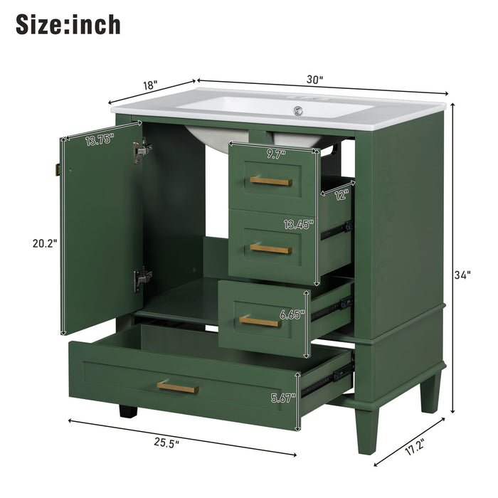 Modern Giga bathroom vanity with sink, solid wood frame, soft-close door, and three drawers for stylish bathroom storage.