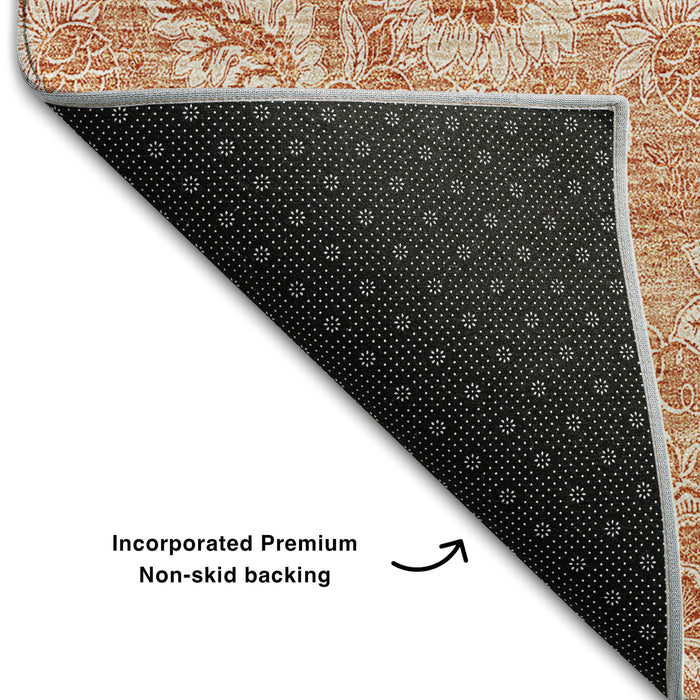 8' X 10' Floral Washable Area Rug With UV Protection (655148) - Salmon / Ivory