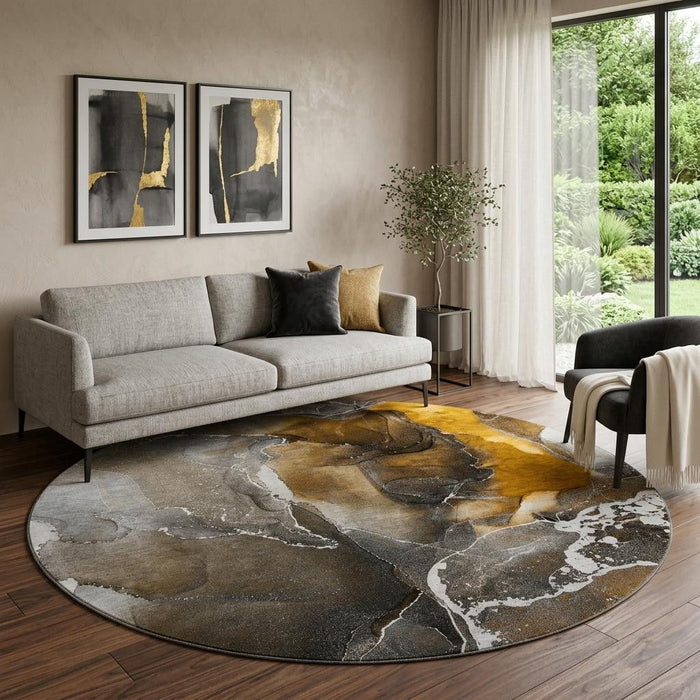 8' Abstract Washable Round Rug With UV Protection (646665) - Brown / Ivory