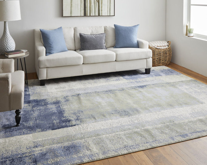 10' x 13' Abstract Power Loom Distressed Area Rug - Blue Green And Ivory