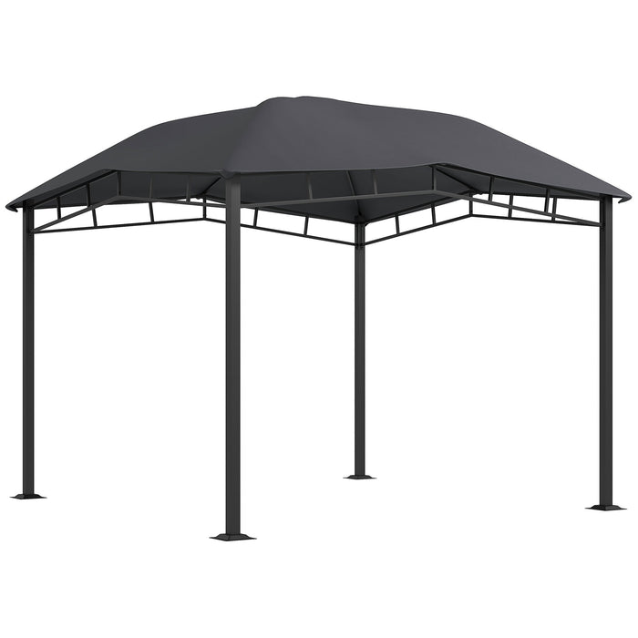 Gray Outsunny 10x10 ft patio gazebo with geometric roof design, all-weather steel frame, outdoor canopy for shade and shelter