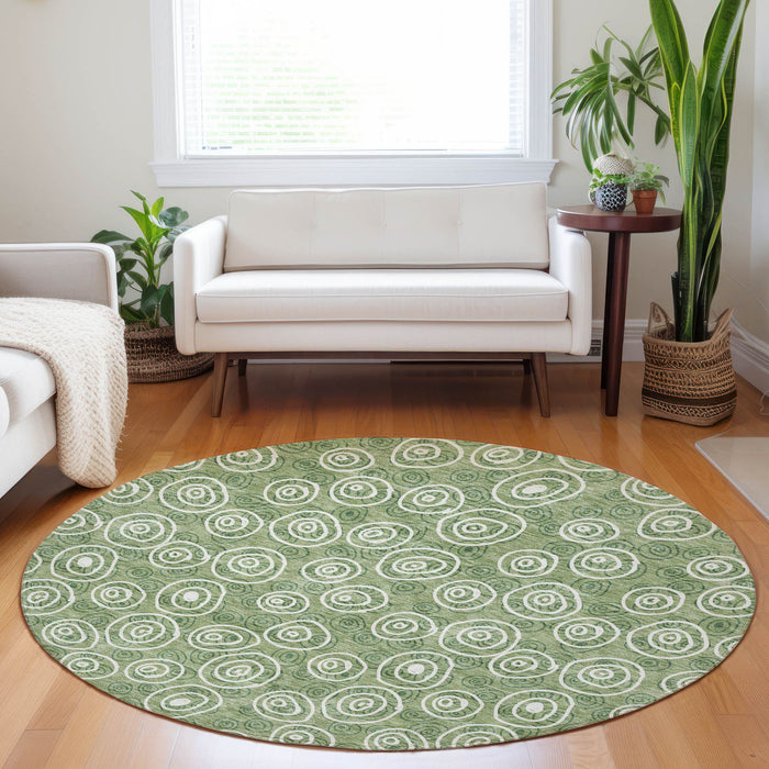 8' Polka Dot Washable Round Rug With UV Protection - Green And Ivory