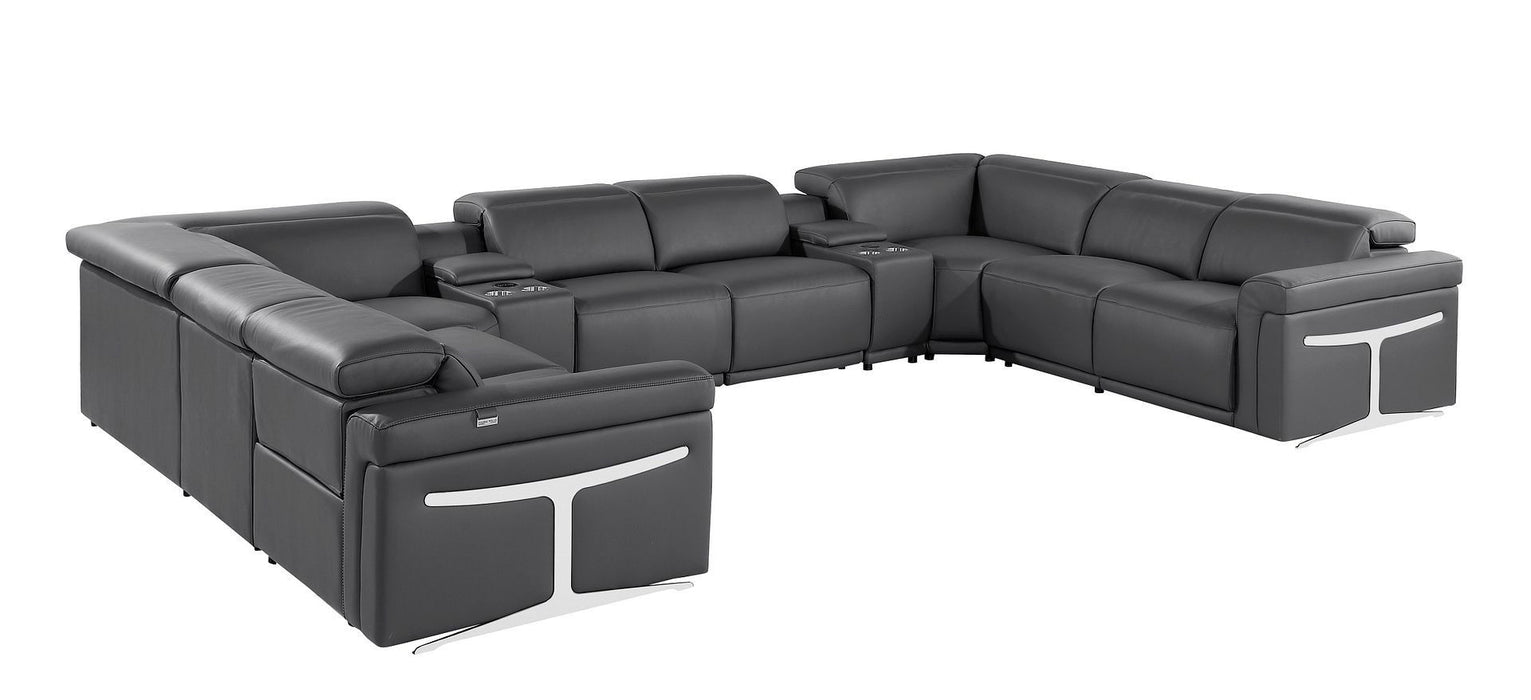 Italian Leather Power Reclining U Shaped Ten Piece Corner Sectional With Console - Dark Gray