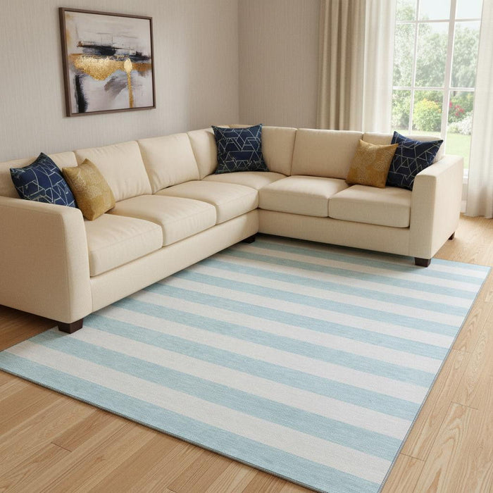 10' X 14' Striped Washable Area Rug With UV Protection (647662) - Sky Blue / Ivory