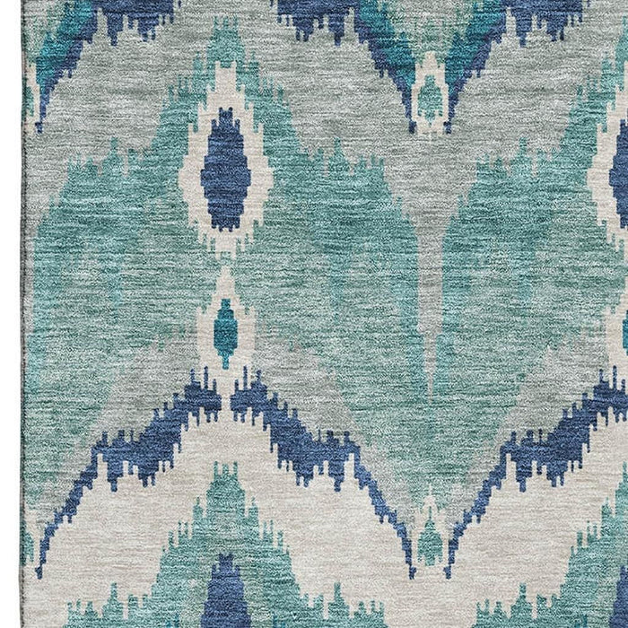10' X 14' Ikat Washable Area Rug With UV Protection - Teal And Ivory
