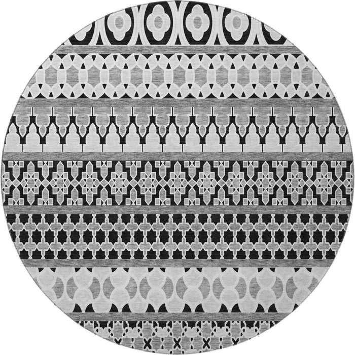 8' Ikat Washable Round Rug With UV Protection - Black And Ivory