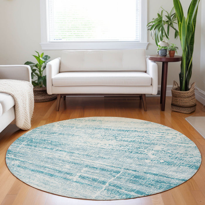 8' Abstract Washable Round Rug Polyester With UV Protection - Teal And Ivory