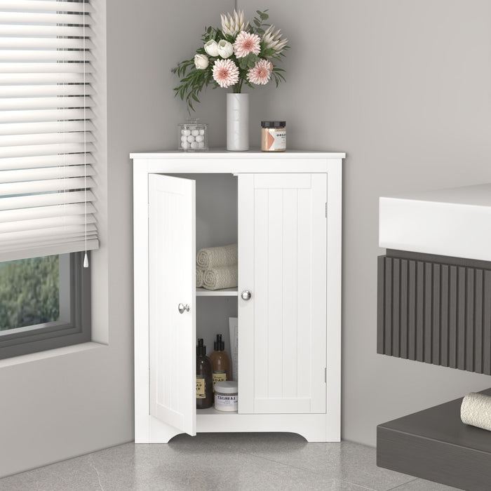 White Giga linen corner cabinet with two doors and adjustable shelves, ideal for narrow bathroom storage.