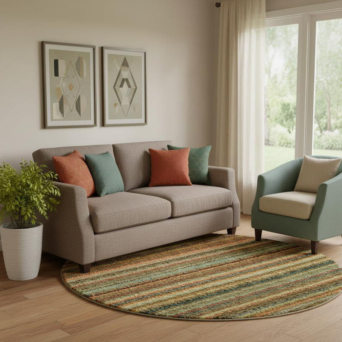 8' Striped Washable Round Rug With UV Protection (650785) - Coral / Green / Blue