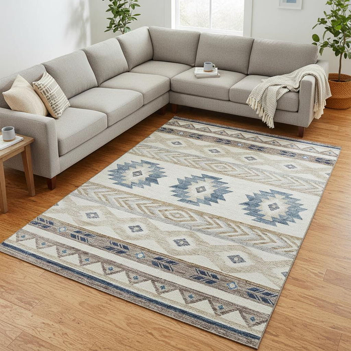 9' X 12' Geometric Washable Area Rug With UV Protection (645647) - Taupe / Ivory / Blue