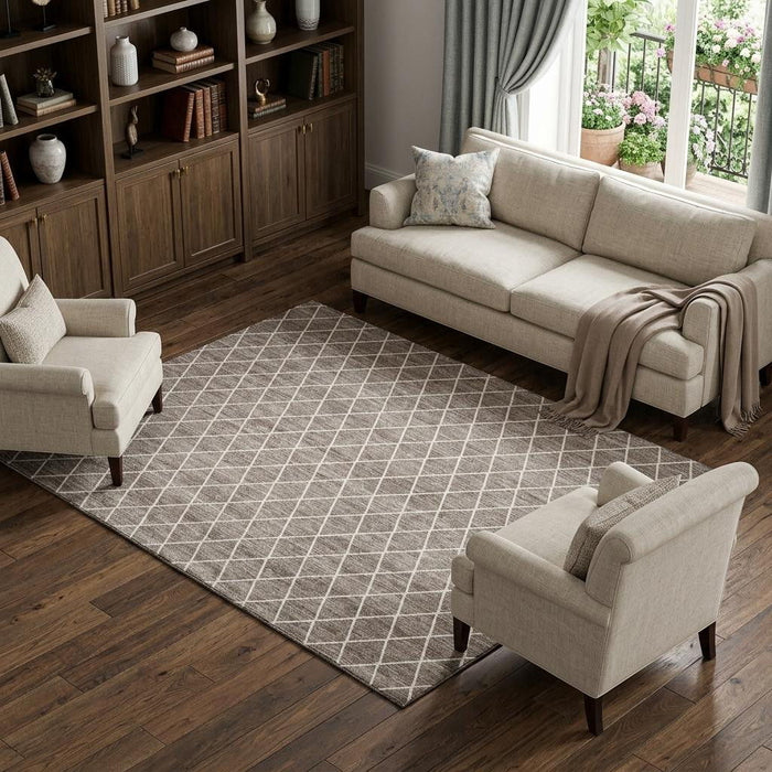 10' X 14' Geometric Washable Area Rug With UV Protection (674125) - Taupe / Ivory
