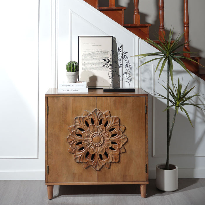 Dark brown Giga accent storage cabinet with floral design, two doors, ideal as a living room sideboard.