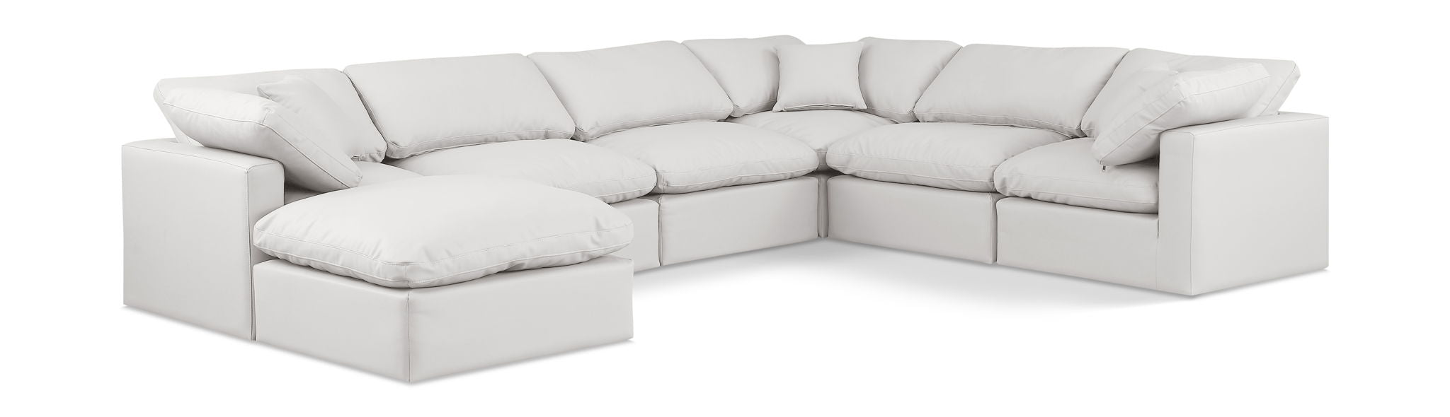 Faux leather Meridian Furniture 7-piece Indulge modular sectional with multiple connected seating sections and modern design.