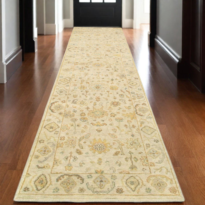 10' Wool Oriental Hand Knotted Runner Rug - Beige / Gray