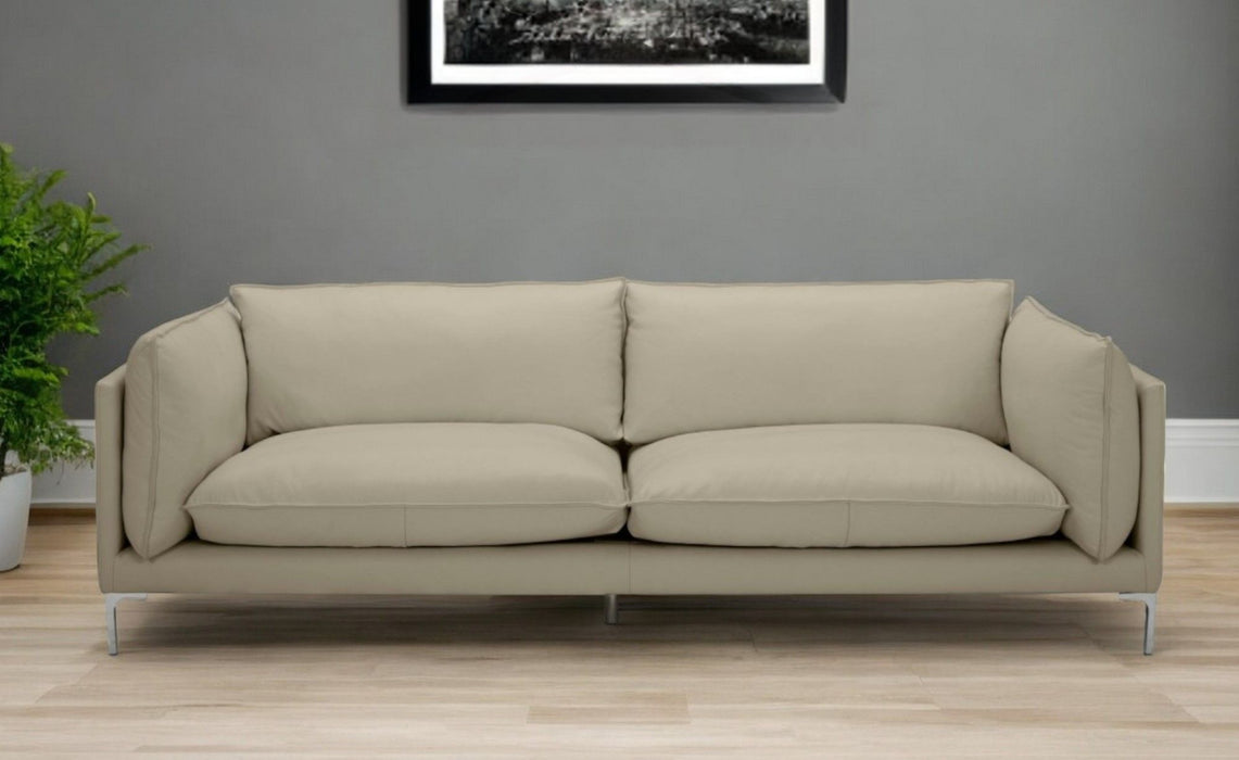 Top Grain Leather Sofa With Silver Legs - Taupe