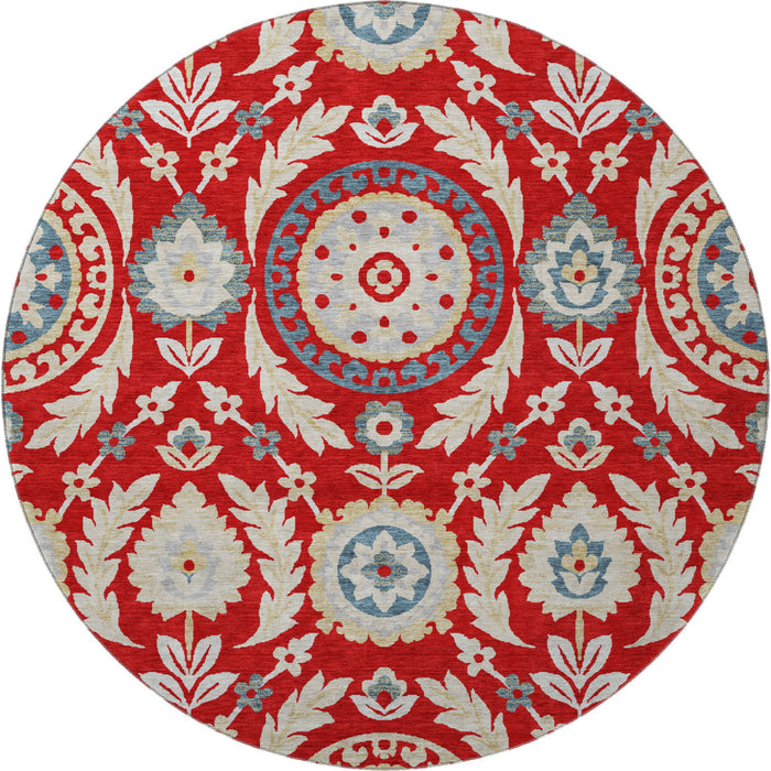 8' Floral Washable Round Rug With UV Protection - Red