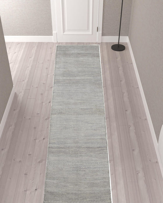 12' x 2.5' Wool Striped Hand Knotted Runner Rug - Silver