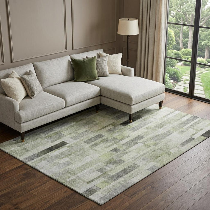 10' X 14' Striped Washable Area Rug With UV Protection (695360) - Green / Gray / Ivory