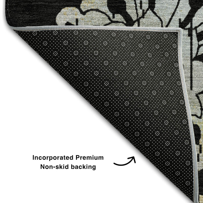10' X 14' Floral Washable Area Rug With UV Protection (667897) - Black / Silver / Beige